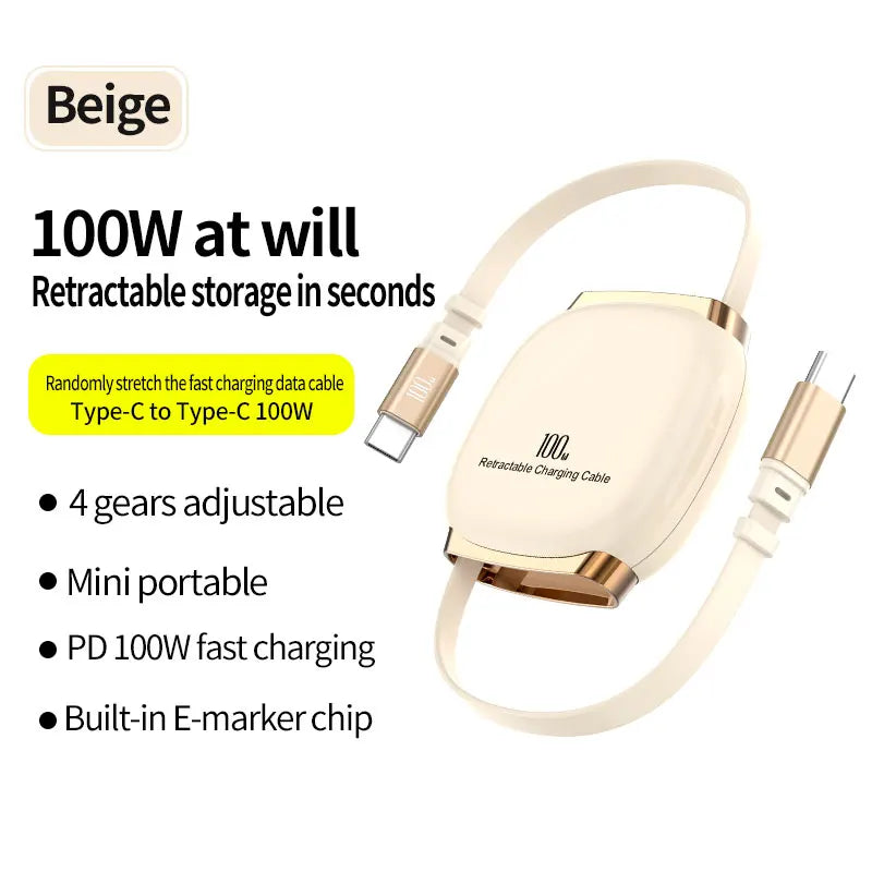 Retractable USB-C Cable 100W - Fast Charging - Car Kit - Portable - For iPhone & Android
