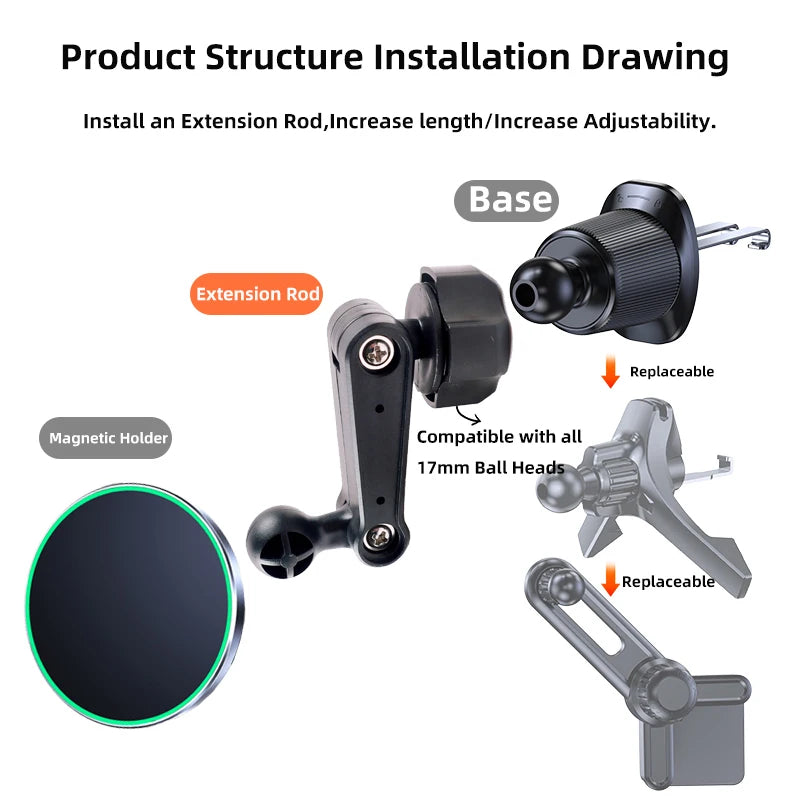 Car Phone Holder Extension Rod - 17mm Ball Head - Adjustable Arm - Air Vent