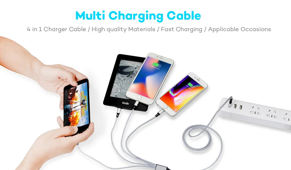 Multi USB Cable 3A - 4-in-1 - Fast Charging - For iPhone/Android/Tablets