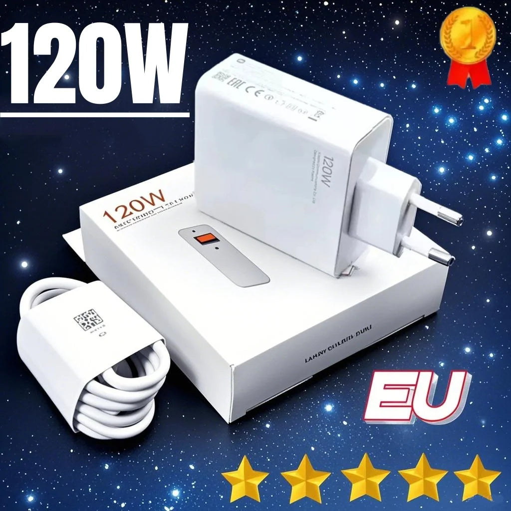 Ultra Fast Charger 120W - QC 5.0 - EU Plug - 6A Type-C Cable - For iPhone & Android
