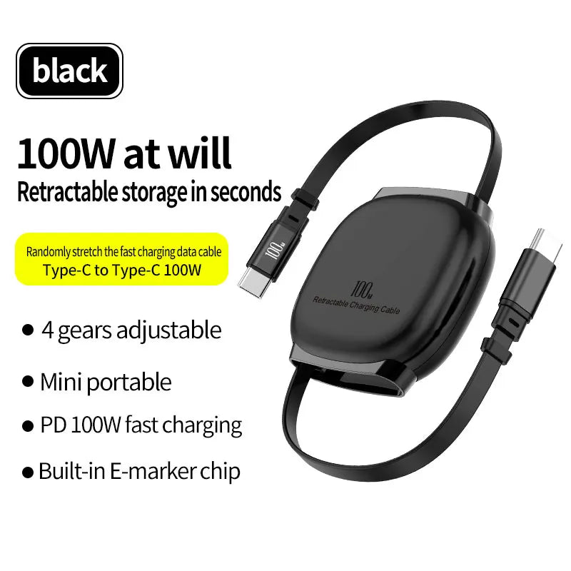 Retractable USB-C Cable 100W - Fast Charging - Car Kit - Portable - For iPhone & Android