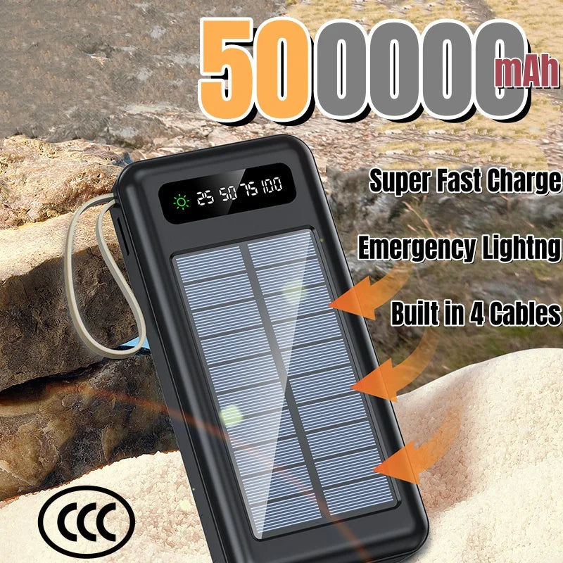 Solar Power Bank 500000mAh - Fast Charging - Flashlight - 4 Built-in Cables