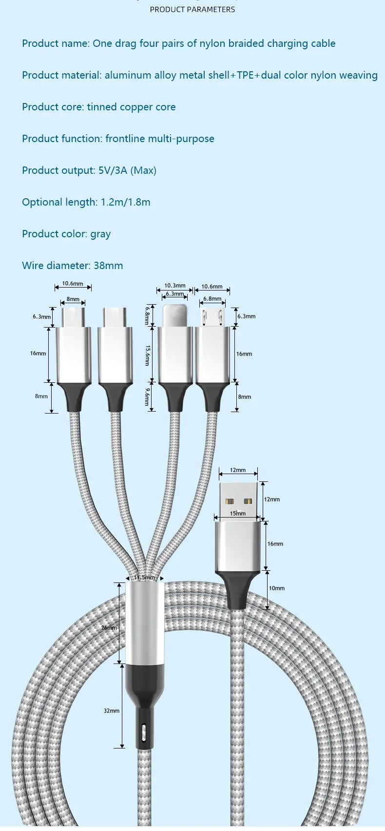 Multi USB Cable 3A - 4-in-1 - Fast Charging - For iPhone/Android/Tablets