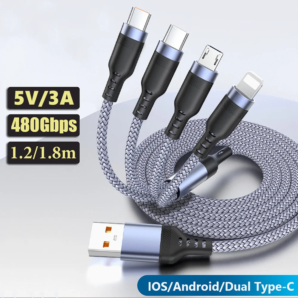 Multi USB Cable 3A - 4-in-1 - Fast Charging - For iPhone/Android/Tablets