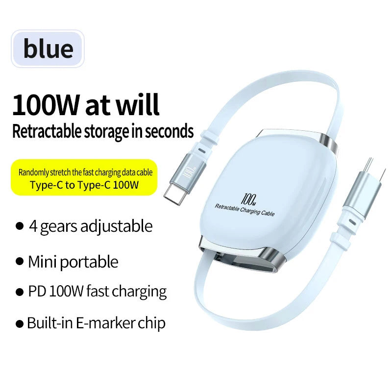 Retractable USB-C Cable 100W - Fast Charging - Car Kit - Portable - For iPhone & Android