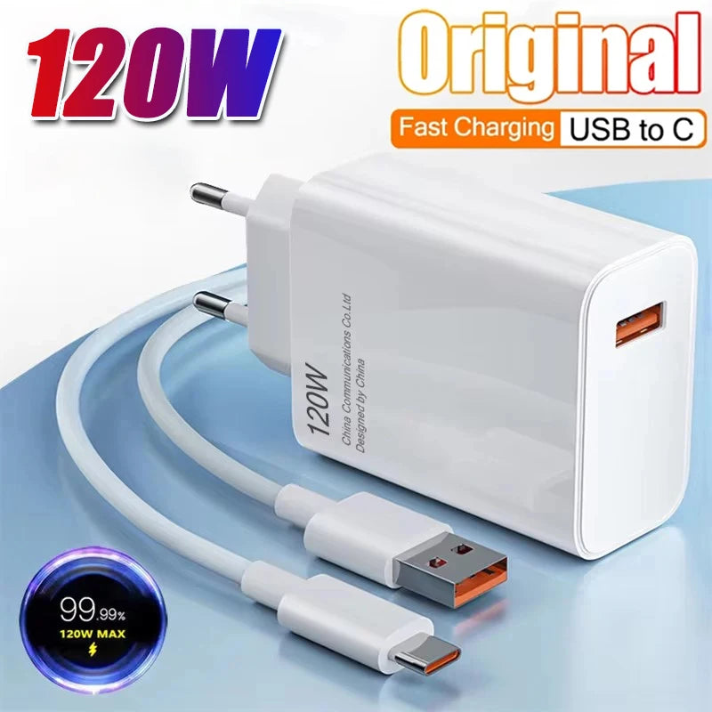Ultra Fast Charger 120W - QC 5.0 - EU Plug - 6A Type-C Cable - For iPhone & Android