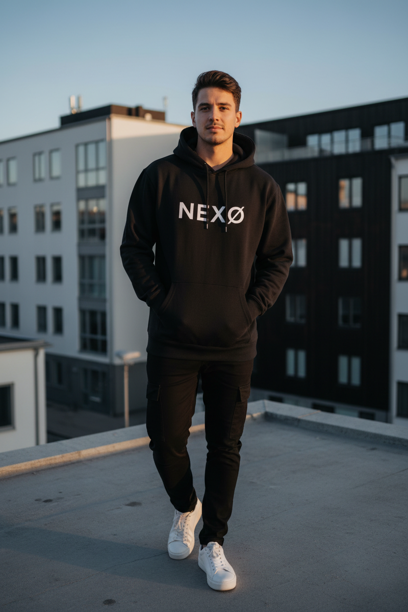 NEXØ Black Hoodie Lifestyle